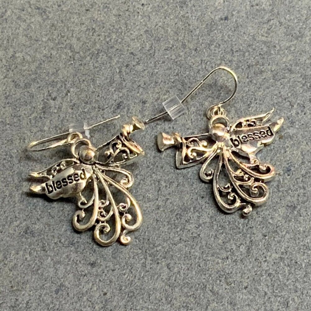 Blessed Angel Trumpeter Earrings Pierced Silver Scroll Hook Religious Wing Halo